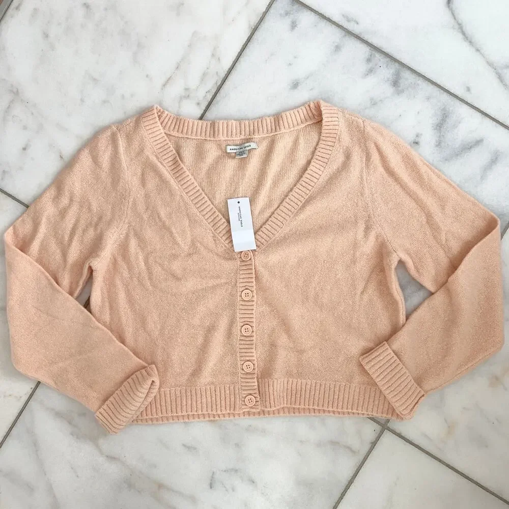 NWT American Eagle Cropped Boxy Button Front Cardigan Sweater Peach Size Medium